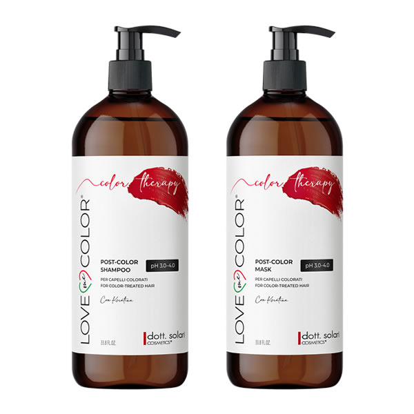 Two brown pump bottles of Dott. Solari Love Me Color therapy shampoo and mask for color treated hair side by side.