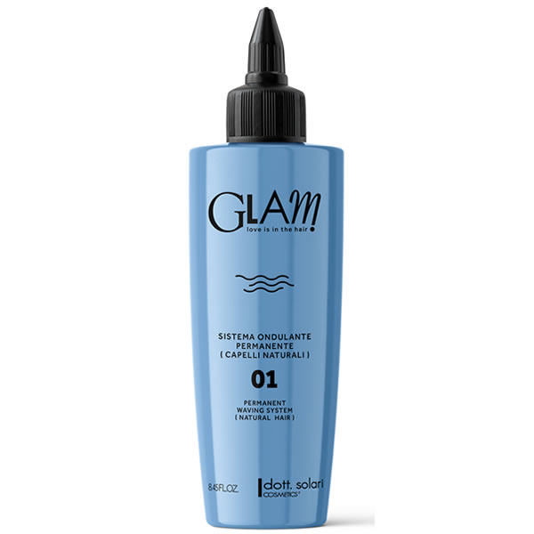 Blue plastic bottle of GLAM 01 permanent waving system for natural hair with a black nozzle cap on a white background.