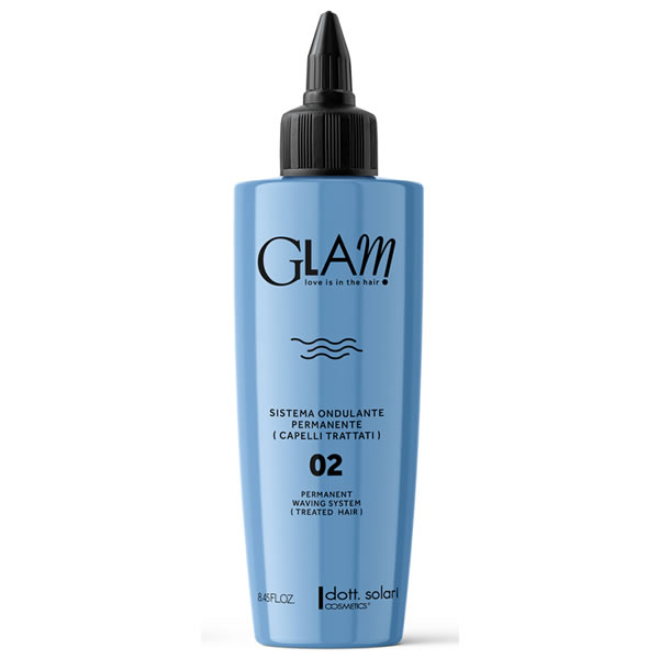 Light blue 250 ml bottle of Glam permanent waving system for treated hair with a black applicator cap and white text labels.