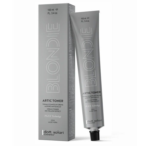 Dott. Solari Blondie Artic Toner ammonia-free cream hair toner in a grey tube and matching product box.