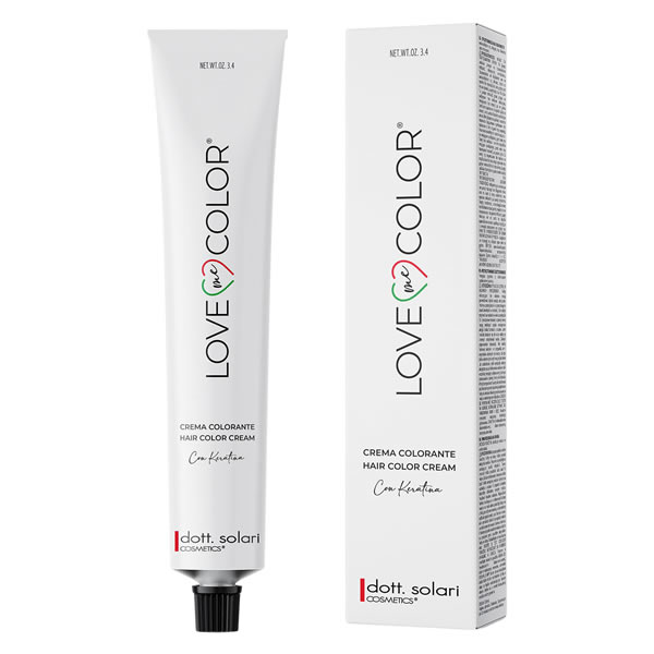 White tube and matching box of Dott. Solari Love Me Color hair color cream with keratin packaging.