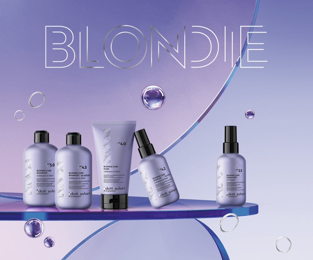 Dott. Solari Blondie Care hair products: shampoo, mask, leave-in, and equalizer. Blonde hair care.