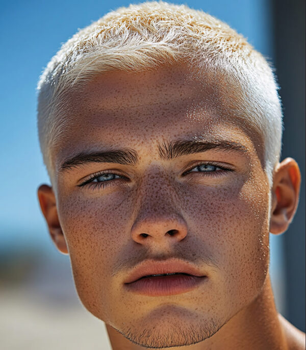 come avere un biondo perfetto 02 600x686 Close-up of a man with perfect blond hair, blue eyes, and freckles. How to have a perfect blond.