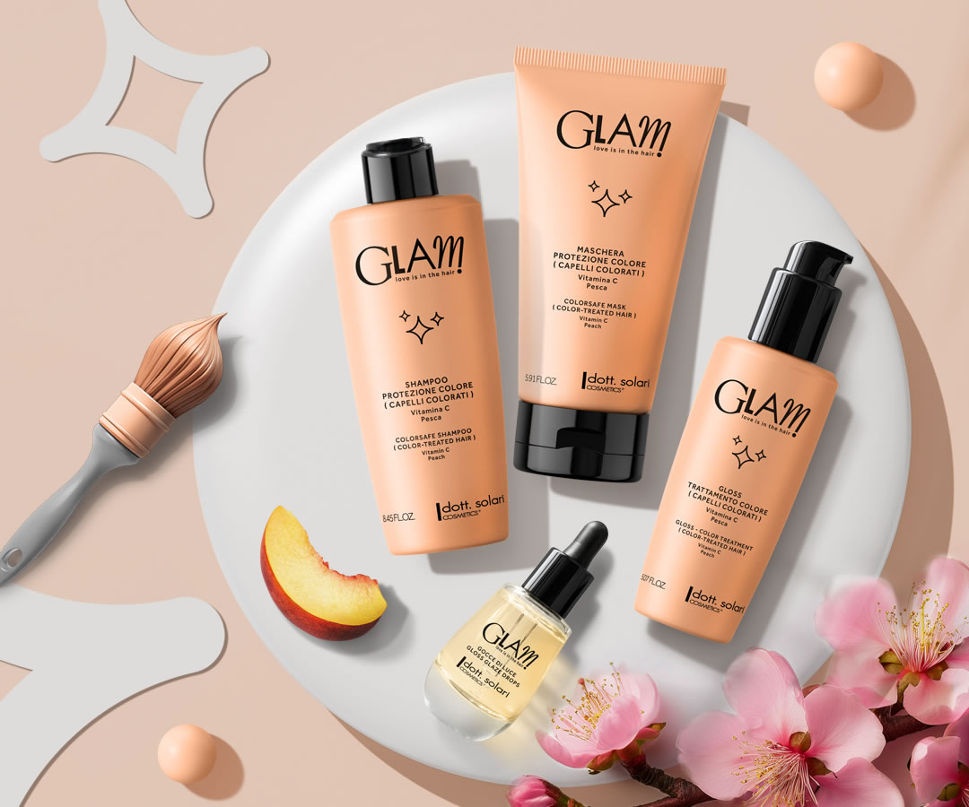 Glam Colorsafe: shampoo, mask, gloss, and glaze drops for color-treated hair. Peach scent, Vitamin C. Haircare banner.
