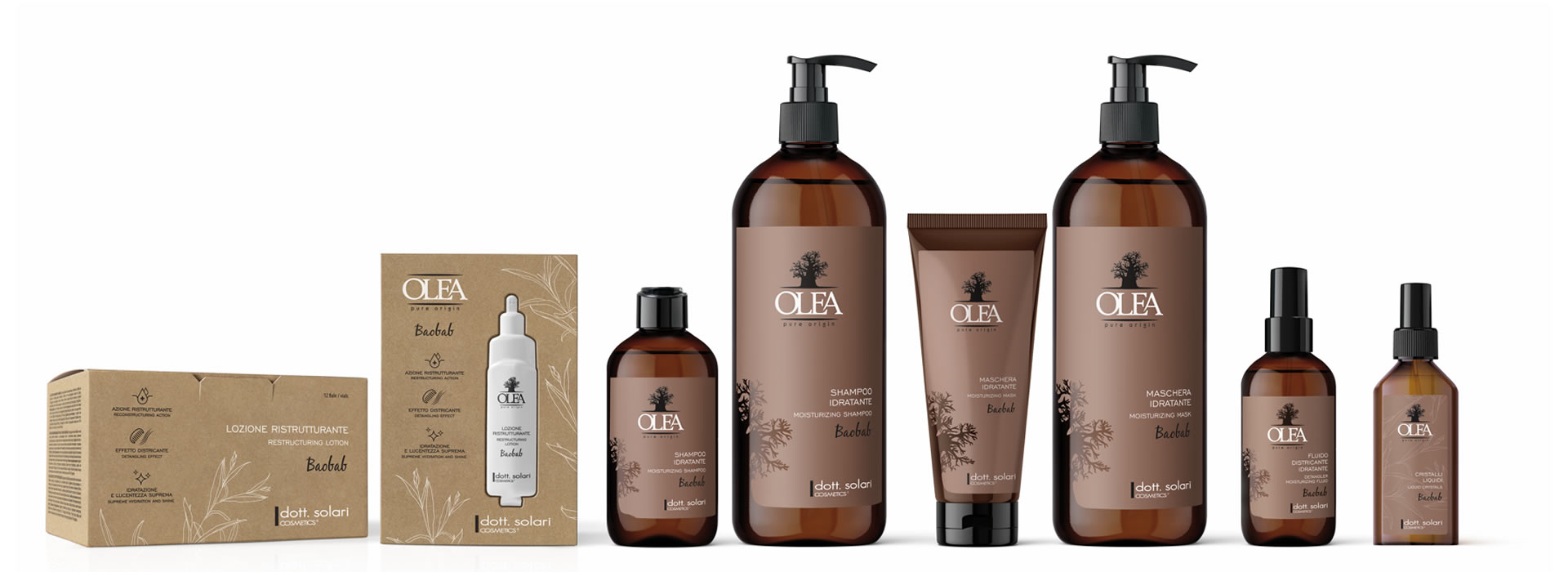 olea baobab dott solari 25 Olea Baobab hair product line by Dott. Solari, featuring shampoo, conditioner, and restorative lotion for healthy hair.