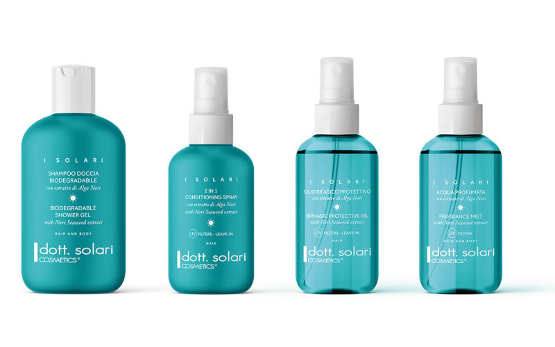 I Solari hair and body care line: biodegradable shower gel, conditioning spray, protective oil, and fragrance mist with seaweed extract.