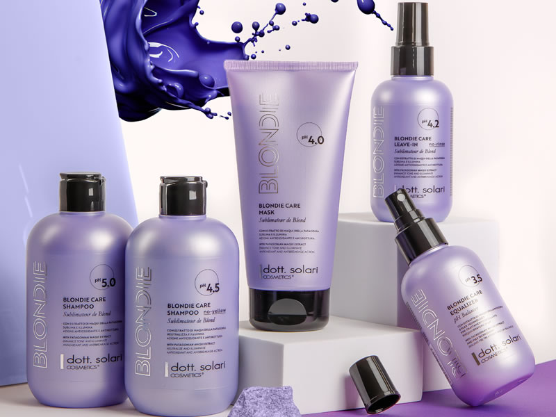 Dott. Solari Blondie Care professional hair product line: shampoo, mask, leave-in conditioner, and equalizer for blonde hair care.