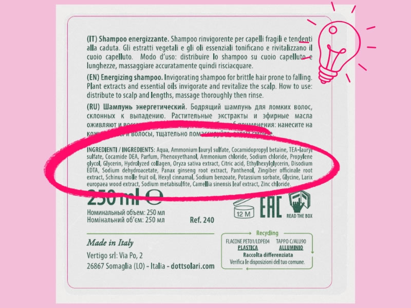 Close-up of a cosmetic product label highlighting the INCI ingredient list circled in red with a lightbulb icon in the corner.
