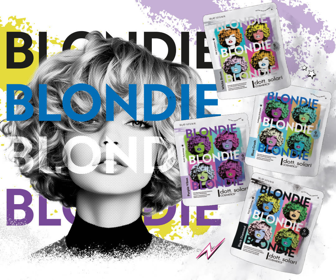 Close-up of a woman with short hair overlaid with the text BLONDIE and four Dott. Solari Cosmetics hair lightener product sachets.