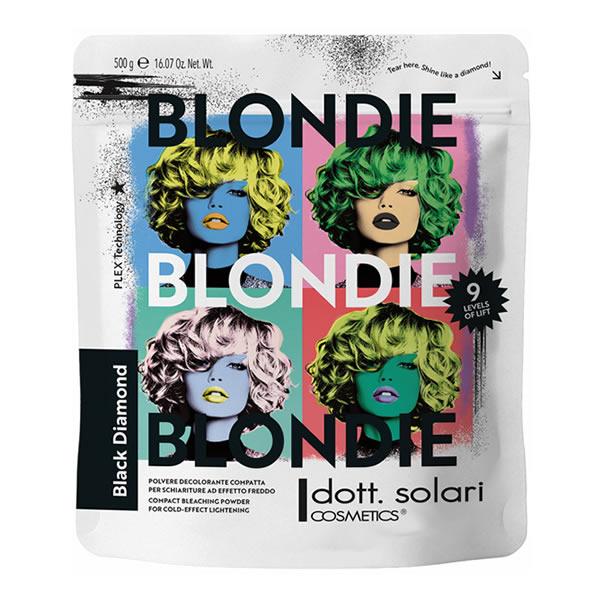 Dott. Solari Blondie Black Diamond compact bleaching powder 500g pouch featuring pop-art style colorful portraits of women with stylized hair.