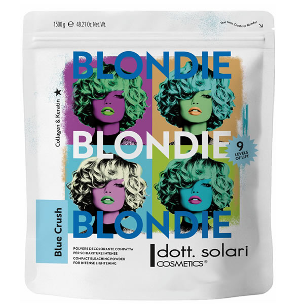 Dott. Solari Blondie Blue Crush compact bleaching powder 1500g pouch featuring a pop-art style colorful graphic of a woman with curly hair.