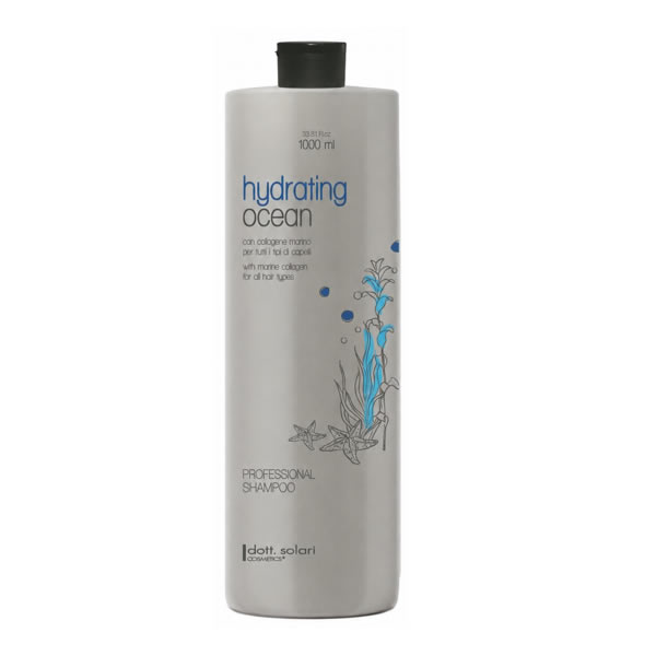 Dott. Solari Hydrating Ocean professional shampoo bottle with marine collagen for all hair types in a 1000 ml size.
