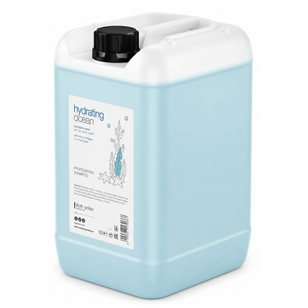 Dott. Solari Hydrating Ocean professional shampoo in a ten-liter light blue plastic container with a black screw cap.