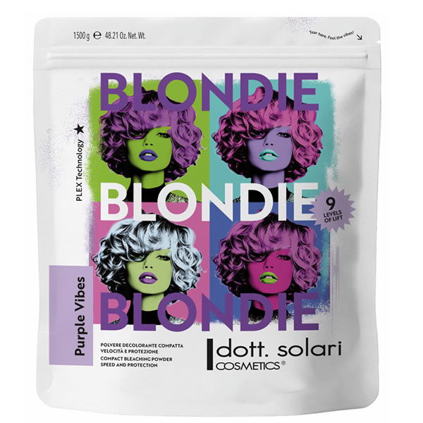 Dott. Solari Blondie Purple Vibes compact bleaching powder pouch with a four-panel pop-art style portrait of a woman with curly hair.