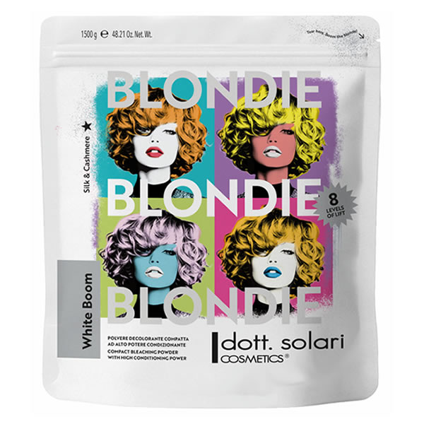 Dott. Solari Blondie White Boom compact bleaching powder bag featuring pop-art style colorful portraits and 8 levels of lift text.