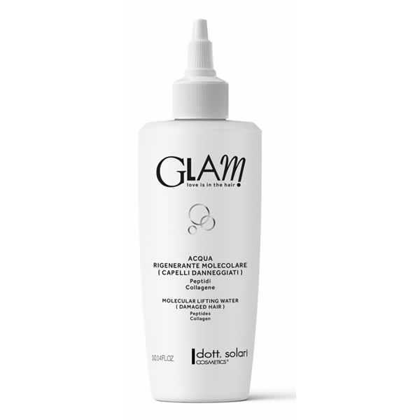 White bottle of GLAM Molecular Lifting Water for damaged hair with peptides and collagen by dott. solari cosmetics, 10.14 fl oz.