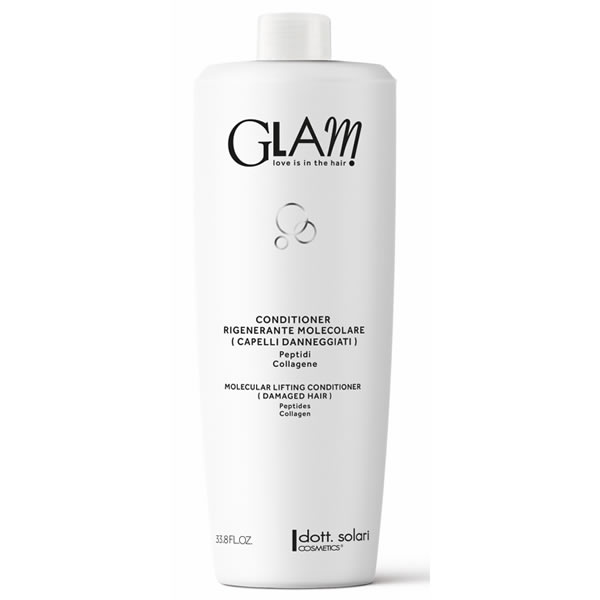 White 1000ml Glam conditioner bottle labeled Rigenerante Molecolare with peptides and collagen for damaged hair by dott. solari