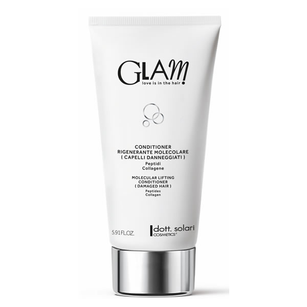 White tube of Glam Molecular Lifting Conditioner by dott. solari with silver cap, labeled for damaged hair with peptides and collagen, 175ml.