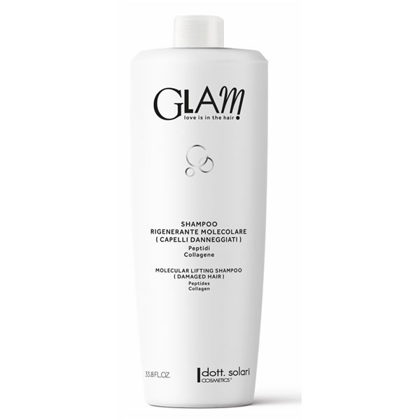 White 1000ml GLAM shampoo bottle labeled Rigenerante Molecolare for damaged hair with peptides and collagen by Dott. Solari.