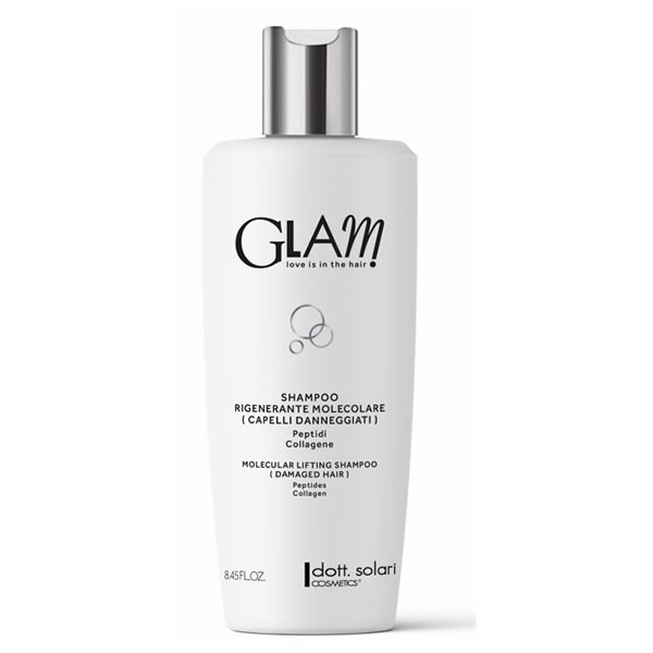 White Glam shampoo bottle with silver cap labeled Molecular Lifting Shampoo for damaged hair with peptides and collagen