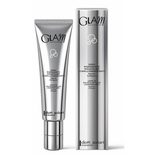 Glam silver leave-in molecular filler tube and box for damaged hair, labeled with peptides and collagen.