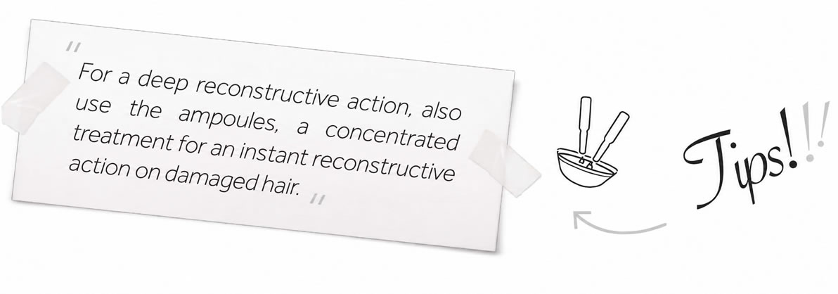 tips linea rigenerante molecolare en Text card reading "For a deep reconstructive action, also use the ampoules..." beside a bowl and whisk icon and handwritten "Tips!!"